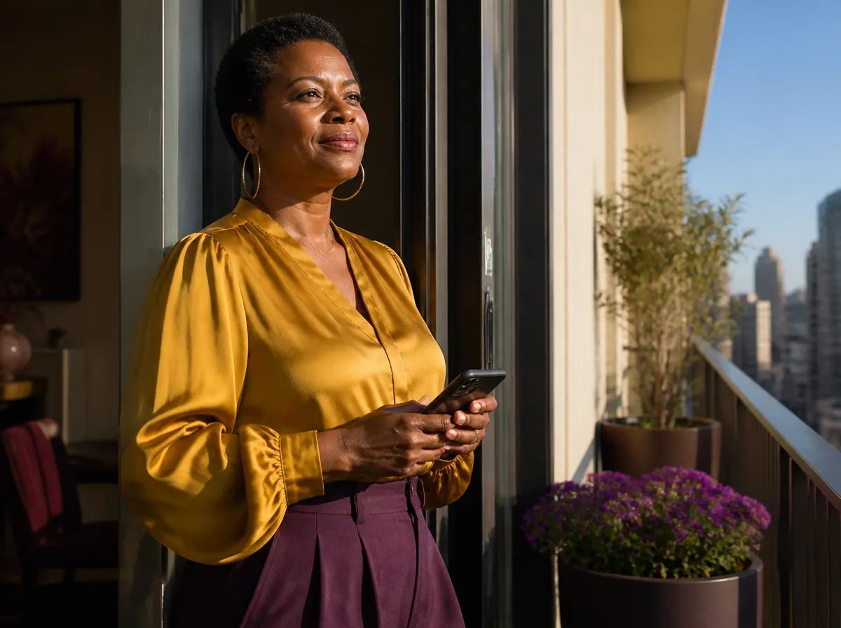 Woman in a gold blouse standing in bright morning light on her balcony after an empowering virtual coaching session.