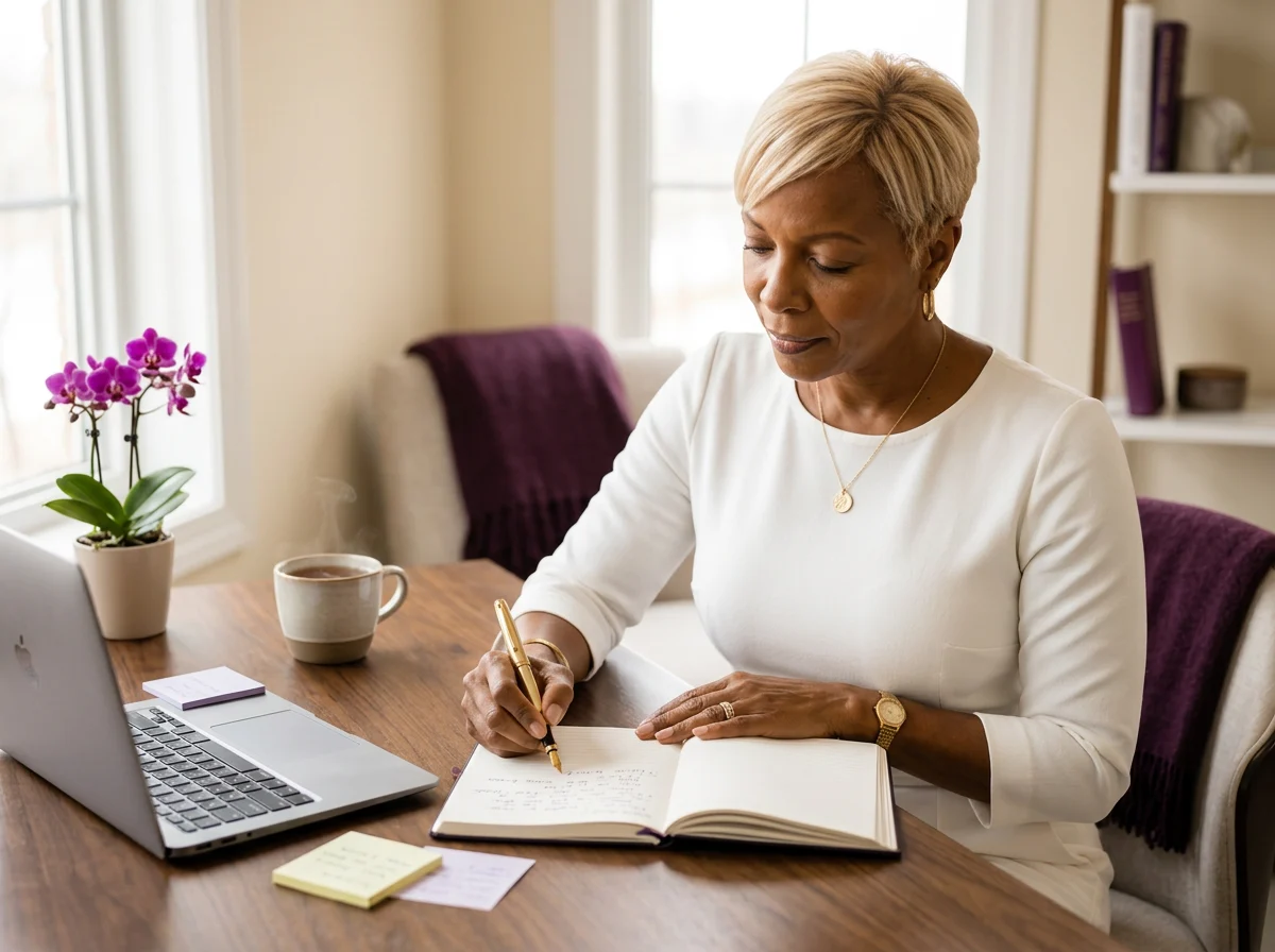 Sharon Terry hand-writing a personalized coaching plan in a notebook at her desk.