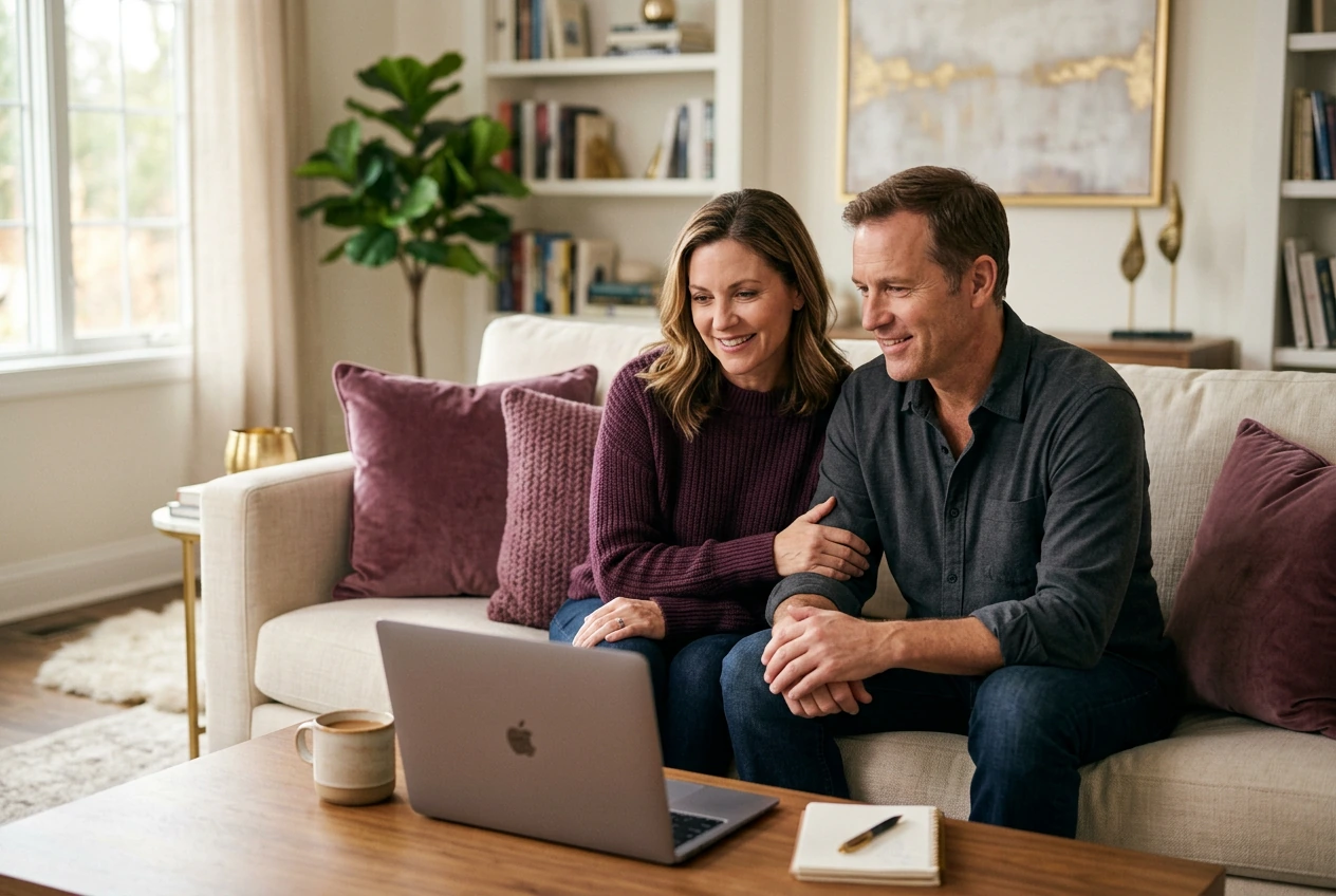 Two adults having a calm, guided virtual conversation while a coach supports the discussion online.