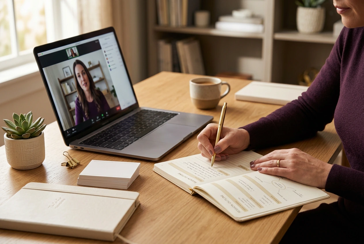 Structured professional virtual coaching session with organized notes and a laptop in a warm home workspace.