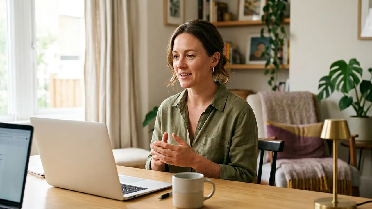Adult speaking confidently during a supportive one-to-one virtual coaching session in a warm home workspace.