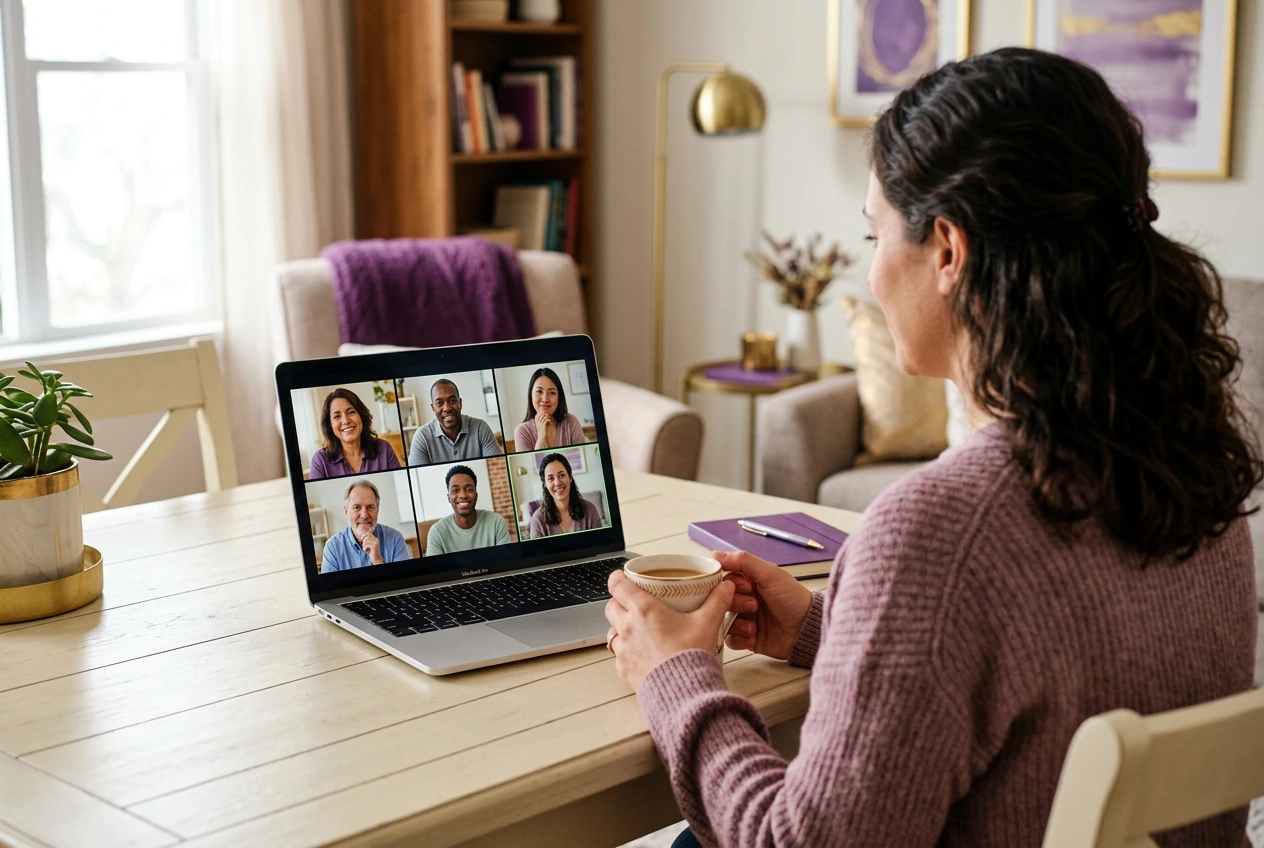 Virtual grief support group with several people connected on a warm, welcoming video call.