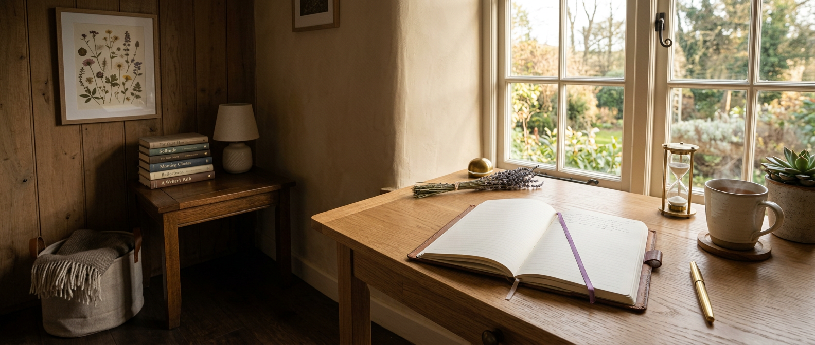 Personal writing nook with an open journal, brass hourglass and warm tea by a garden window — Sharon Terry's reflective workspace