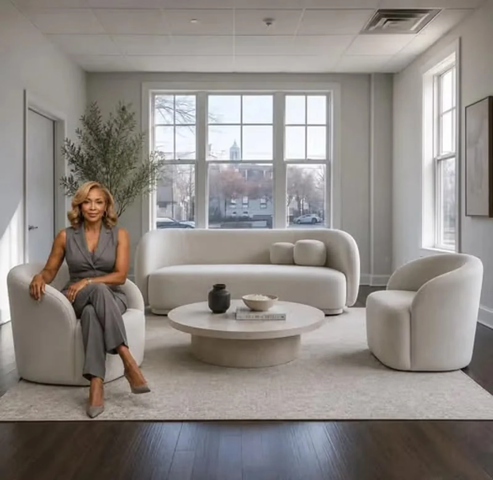 Sharon Terry seated in her calm, light-filled coaching space, ready to begin a one-to-one session.