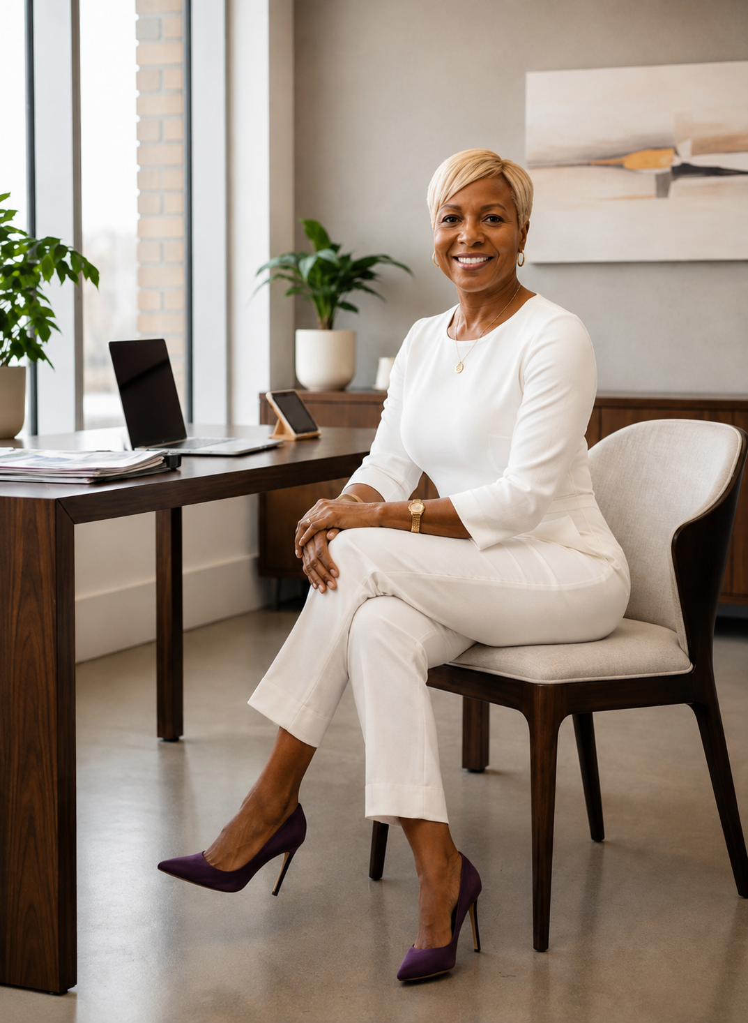 Dr. Sharon Terry, Certified Life and Relationship Coach, seated in a bright home office