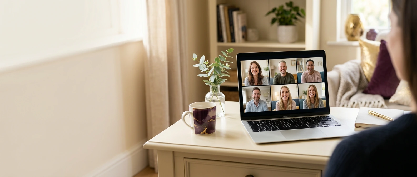 Welcoming virtual community coaching scene with multiple people engaged in a positive online group session and open space for the gallery heading.