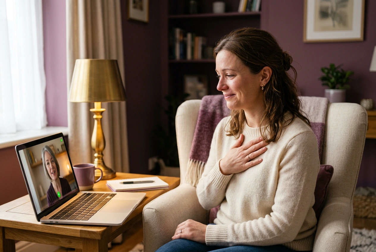Supportive one-to-one virtual grief session offering comfort and encouragement.