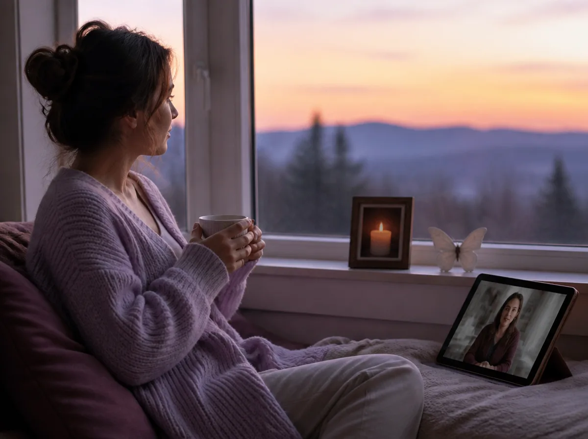 Woman holding a warm mug beside a memorial candle and butterfly ornament during a gentle virtual grief support session at dusk.