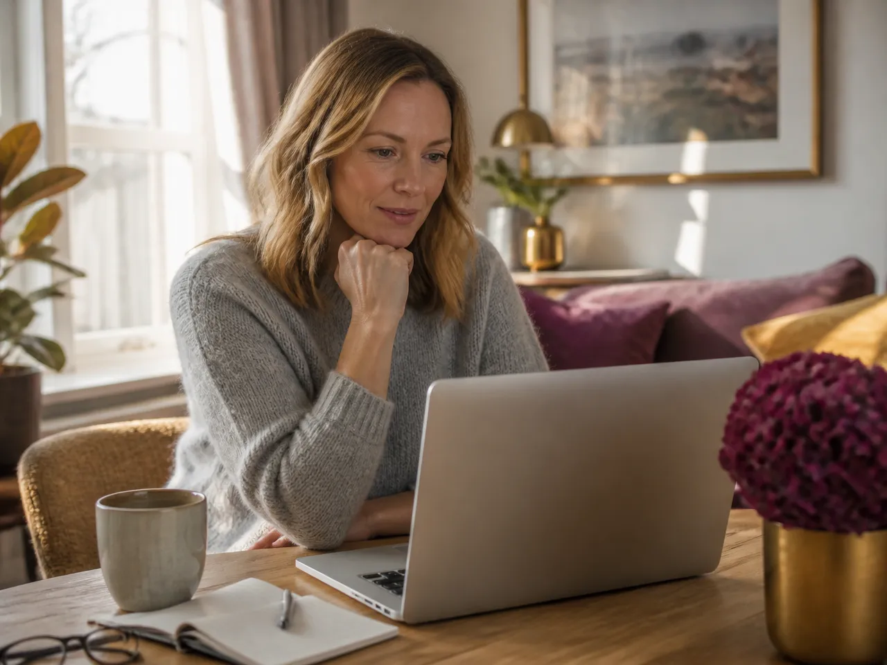 Woman in a grey knit sweater concentrating with a slight smile at a wooden table during a one-to-one virtual life coaching session.