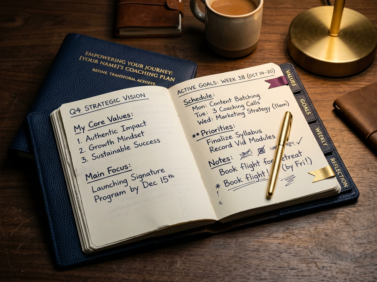 Bespoke coaching plan with hand-written values, weekly goals, and tabbed dividers in purple and gold.