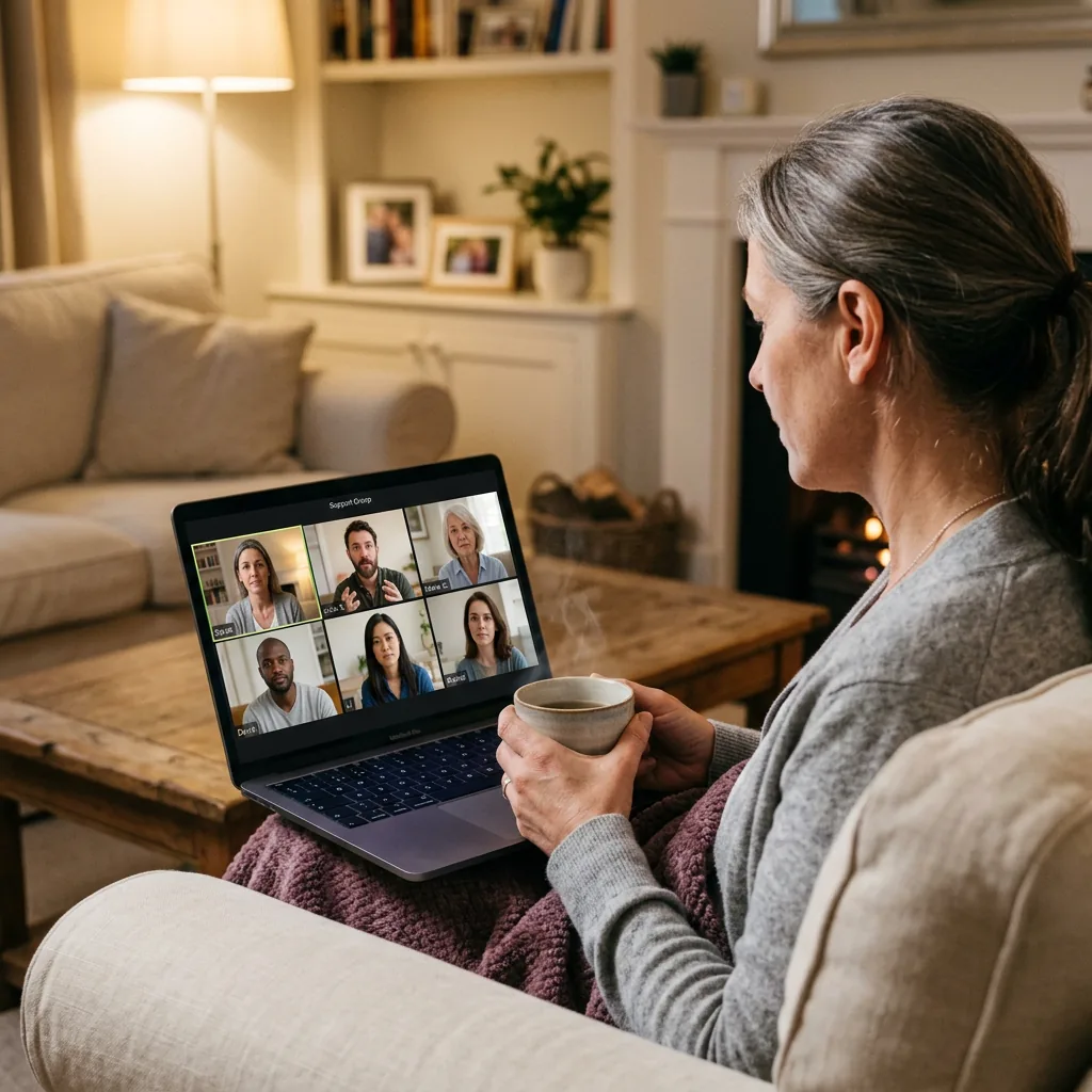 Woman holding a mug on a cozy sofa listening to a virtual support group on her laptop.