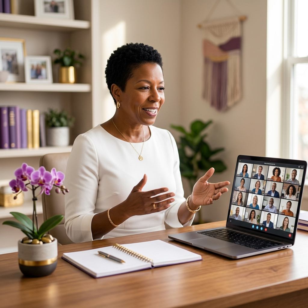 Sharon Terry leading a virtual community outreach workshop from her home office, with a diverse group of participants on a laptop video-call grid.