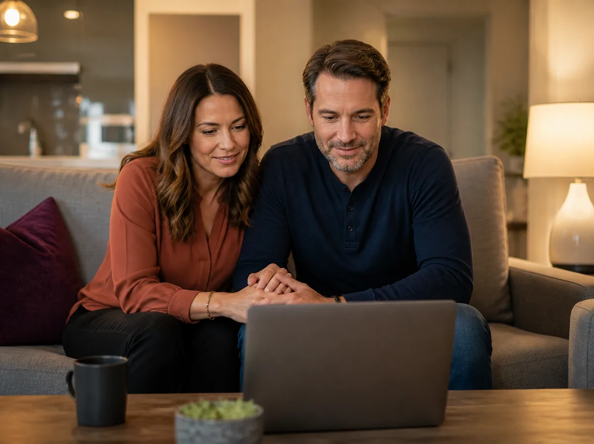 Couple sitting together on a sofa joining a virtual relationship coaching session on a laptop at home.