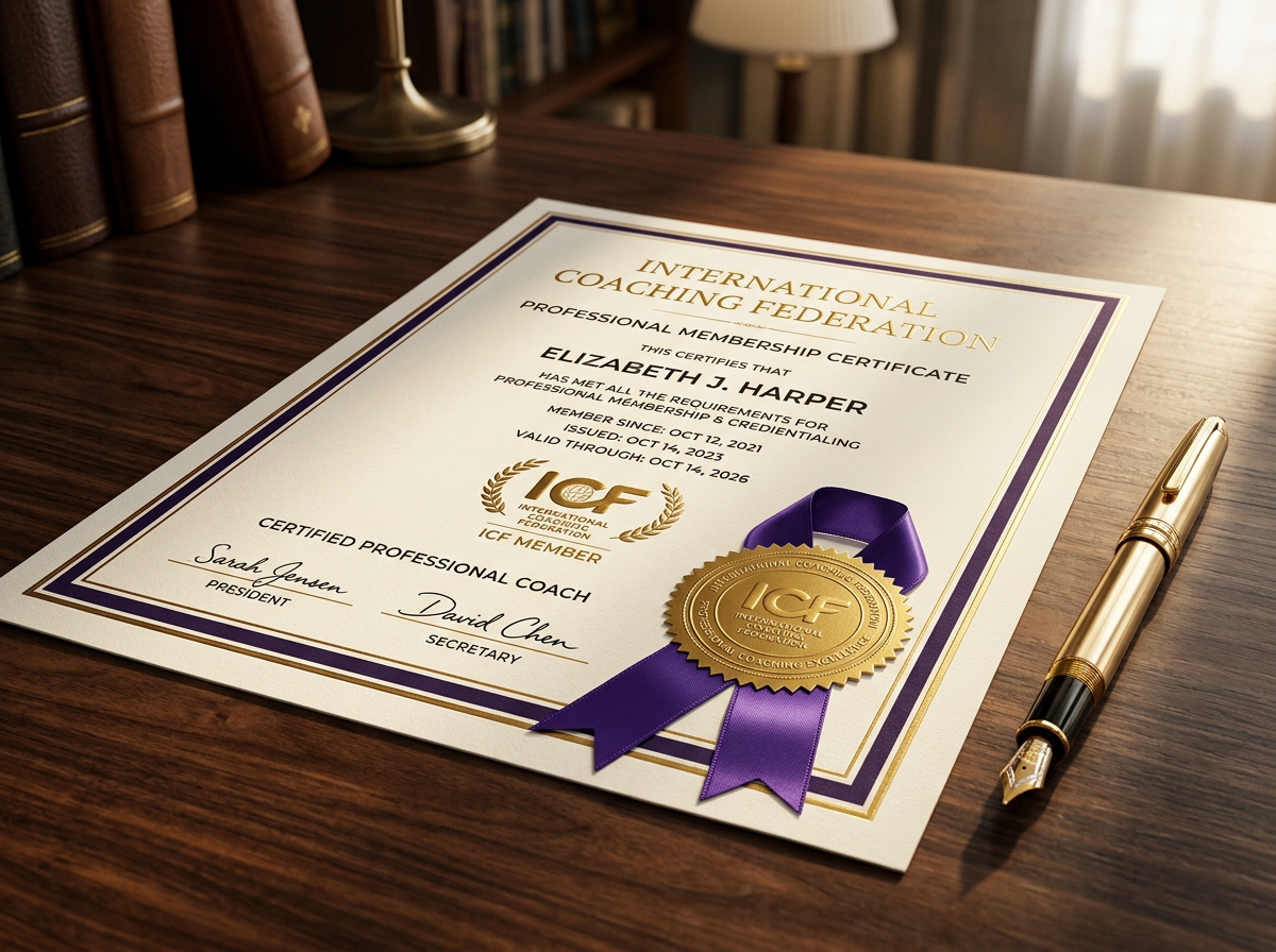 Professional coaching membership certificate with gold seal and purple ribbon on a walnut desk.