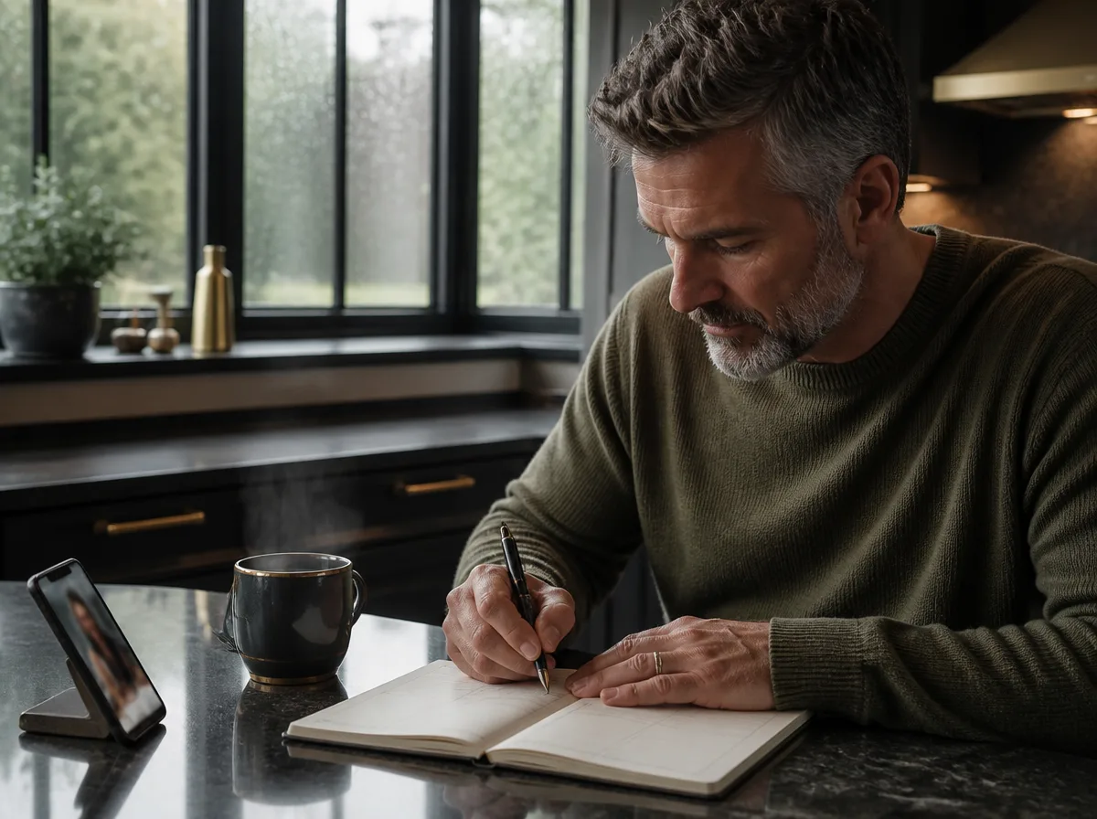 Man in an olive sweater checking off weekly action steps in a notebook during a virtual accountability check-in.