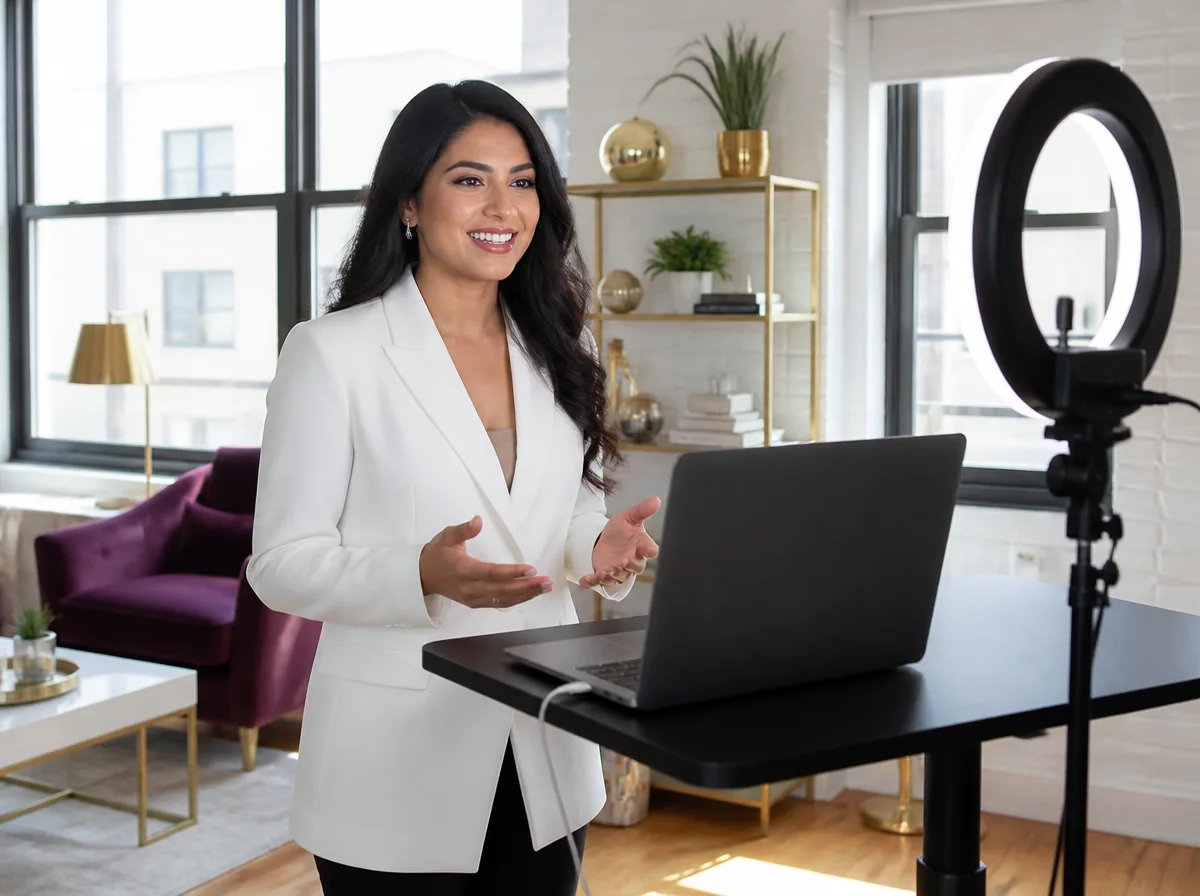 Woman in a white blazer standing confidently at a laptop and ring light while practicing for a virtual confidence coaching session.
