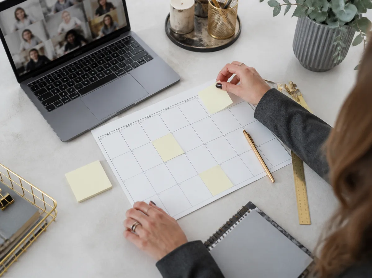 Overhead view of hands placing sticky notes on a blank monthly planner beside a laptop during a goal-setting coaching session.