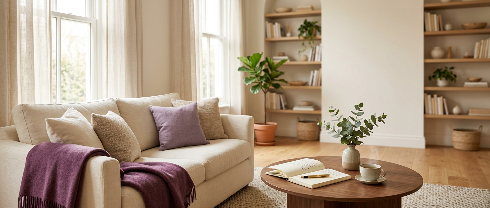 Sunlit coaching studio reading nook with a cream linen sofa, folded plum throw, walnut coffee table, open cream journal, gold fountain pen, eucalyptus sprig and a cup of tea — Finding You Coaching blog