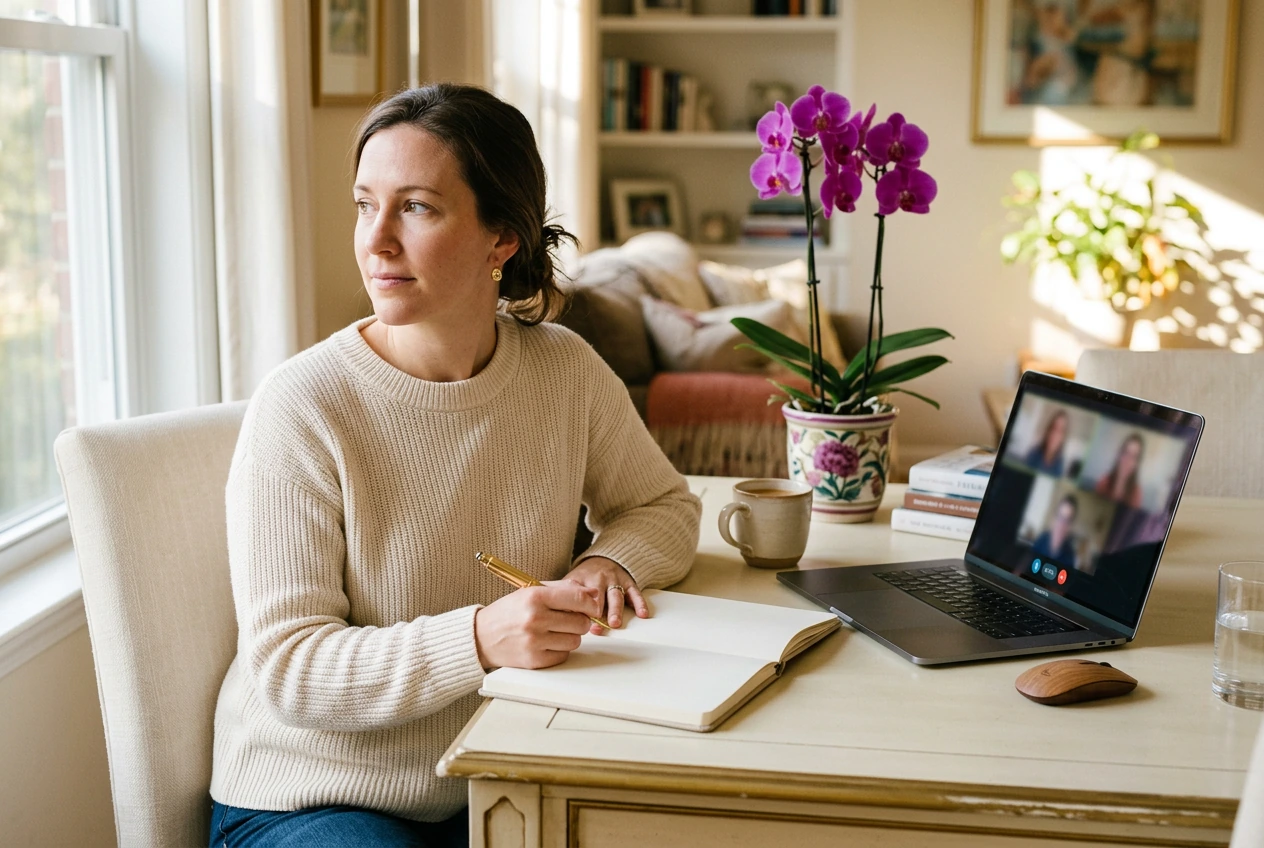 Adult reflecting with a journal, gold pen, and laptop during a warm virtual life coaching session at home.