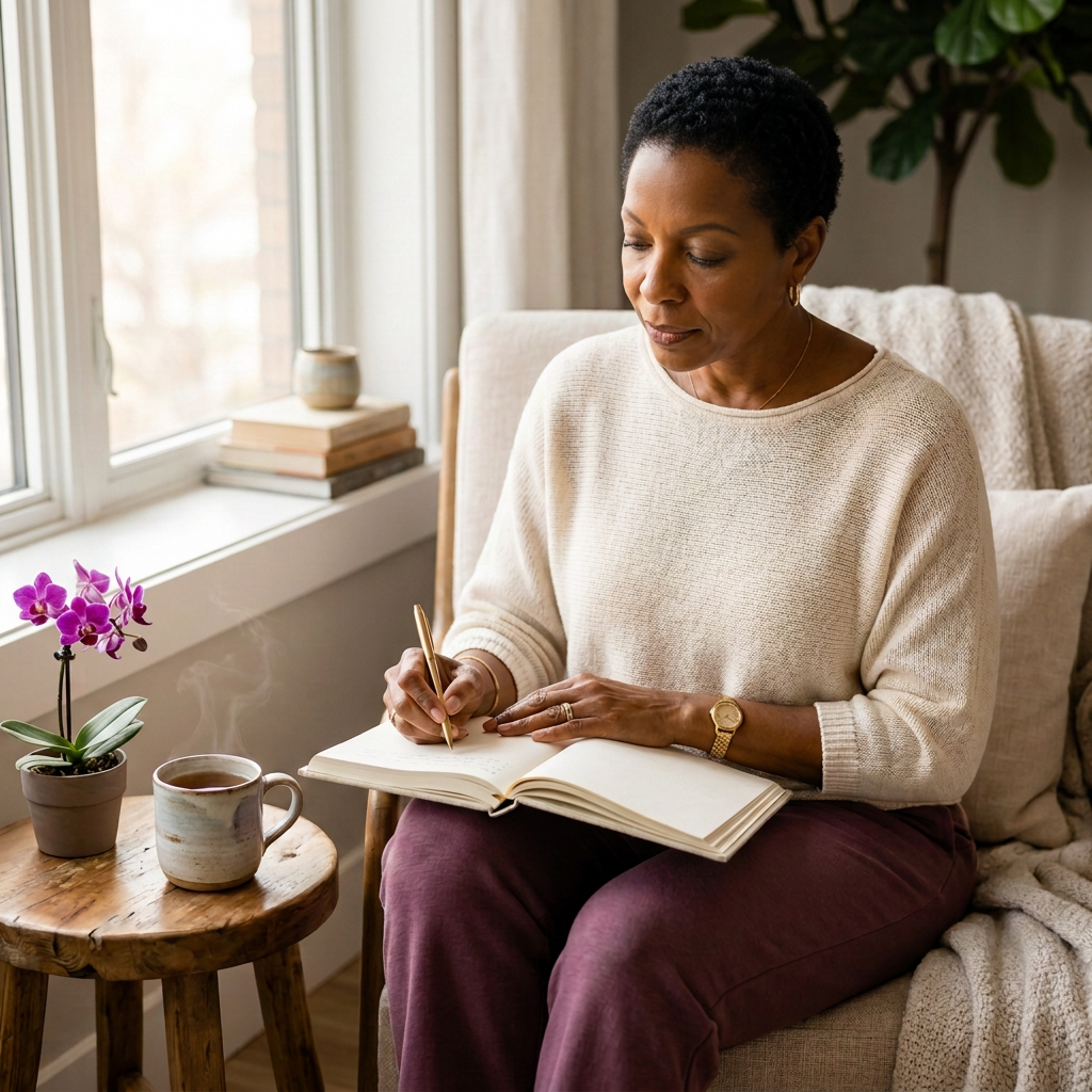Sharon Terry journaling with a gold pen in a sunlit reading nook beside tea and a purple orchid — reflective self-discovery coaching.