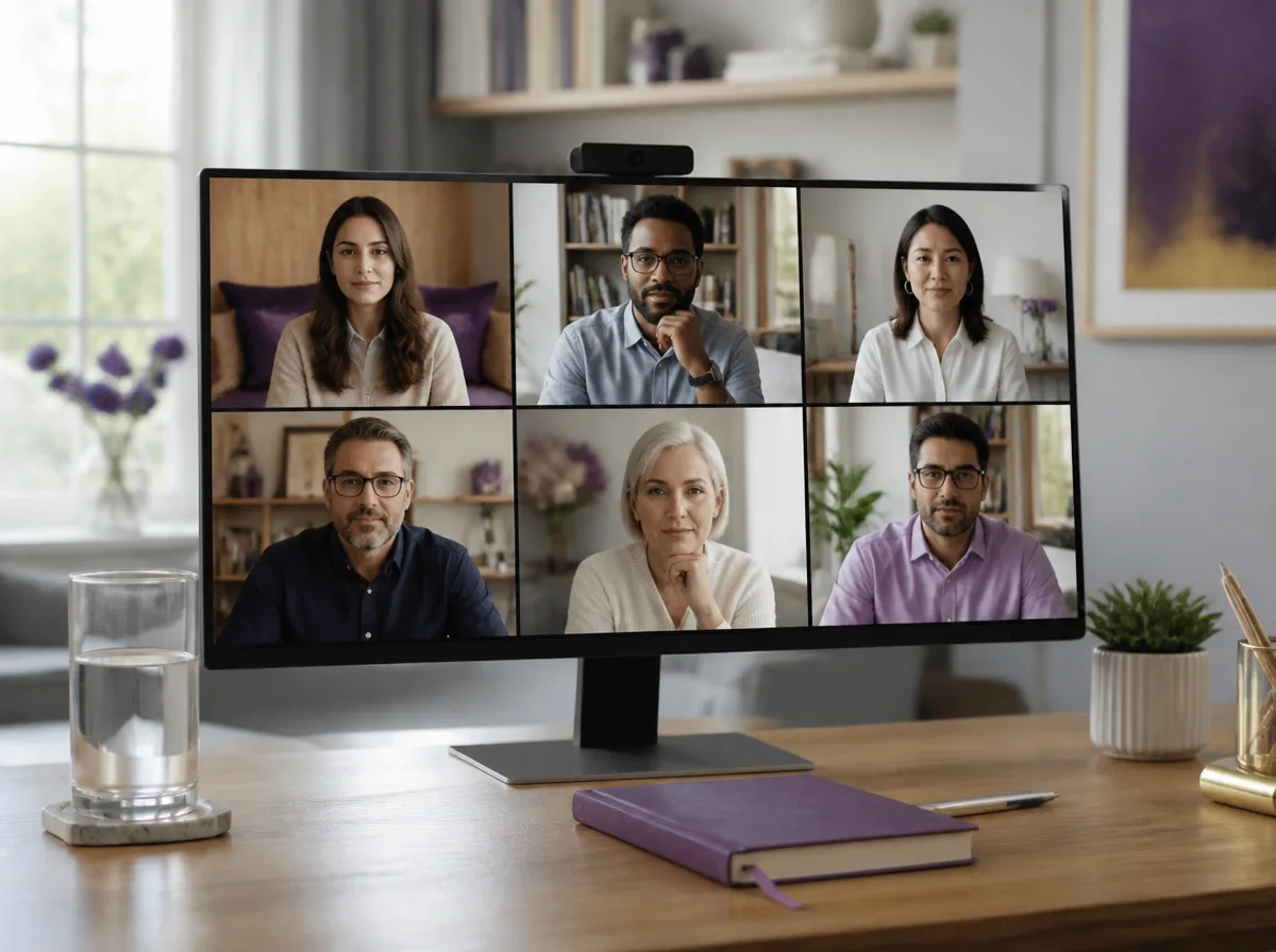 Diverse group of professionals joining an online mental health workshop shown as a video-call grid on a desk monitor.