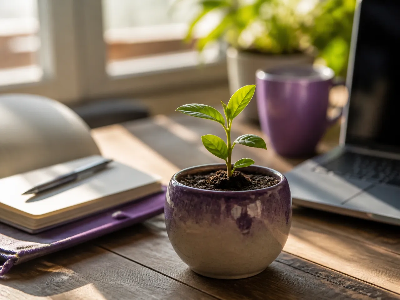 Young green seedling growing in a purple ceramic pot beside an open journal and laptop, symbolizing personal growth.