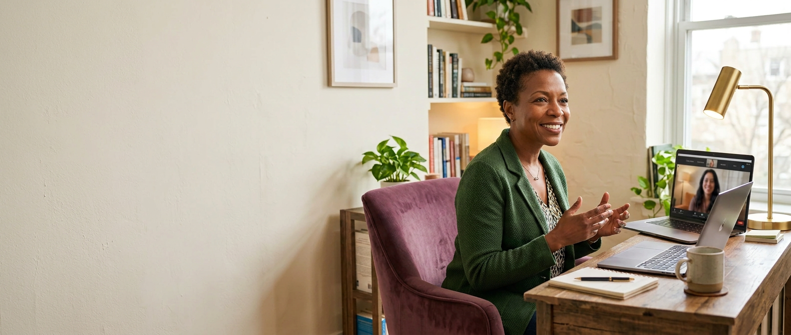 Sharon Terry leading a warm virtual life coaching session on a laptop call in her refined home office, with clear negative space for the heading.