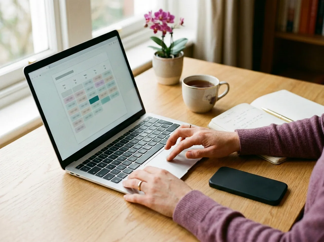 Woman at a sunlit oak desk selecting a time slot on an online booking calendar to schedule a virtual coaching discovery call.