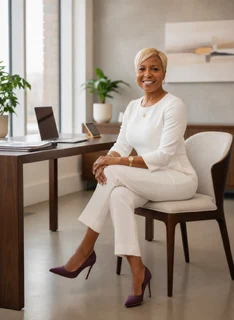 Sharon Terry at her desk in a white suit before a virtual life coaching session