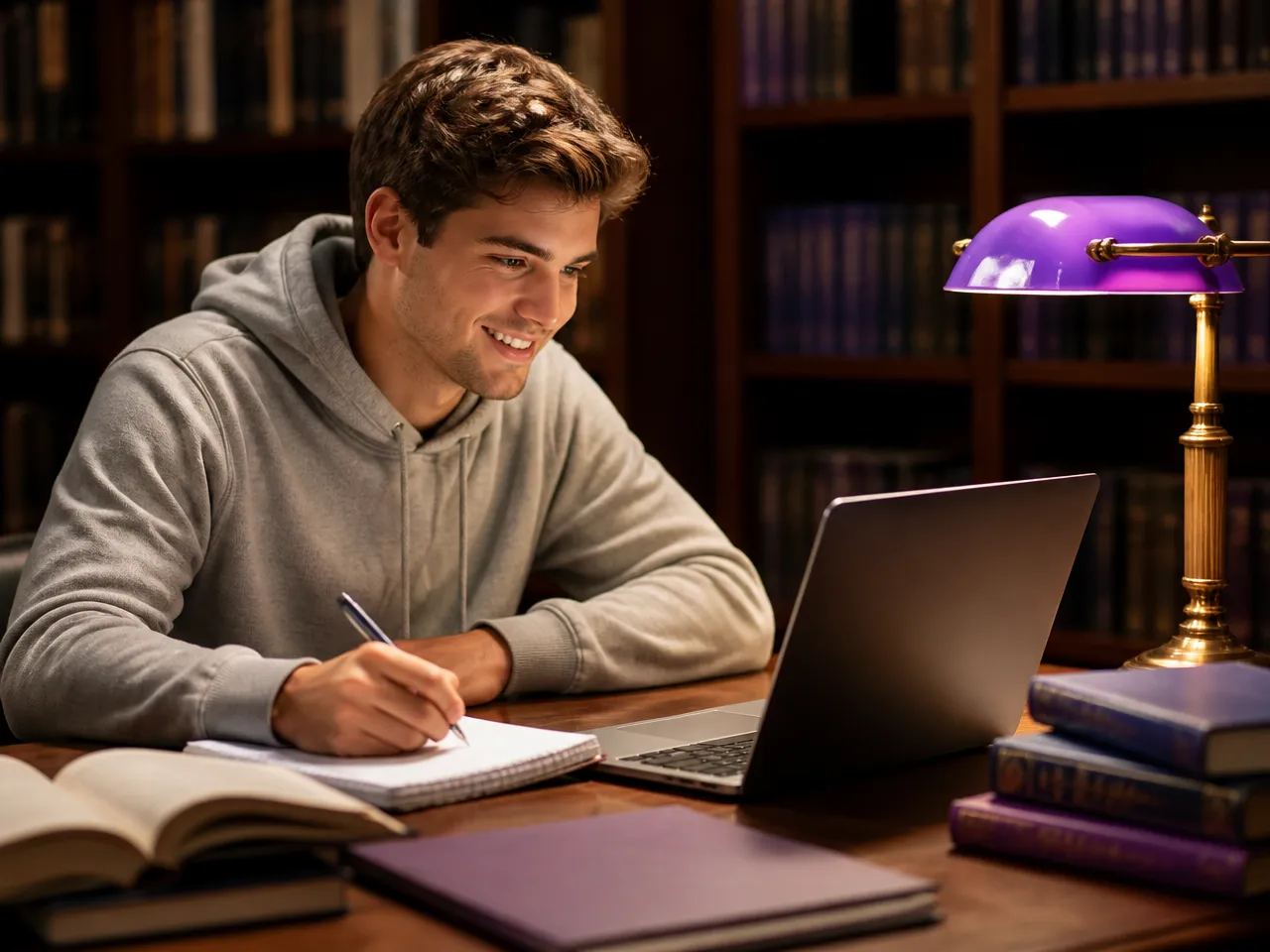 Smiling student in a grey hoodie taking handwritten notes at a library desk while attending an online educational workshop.