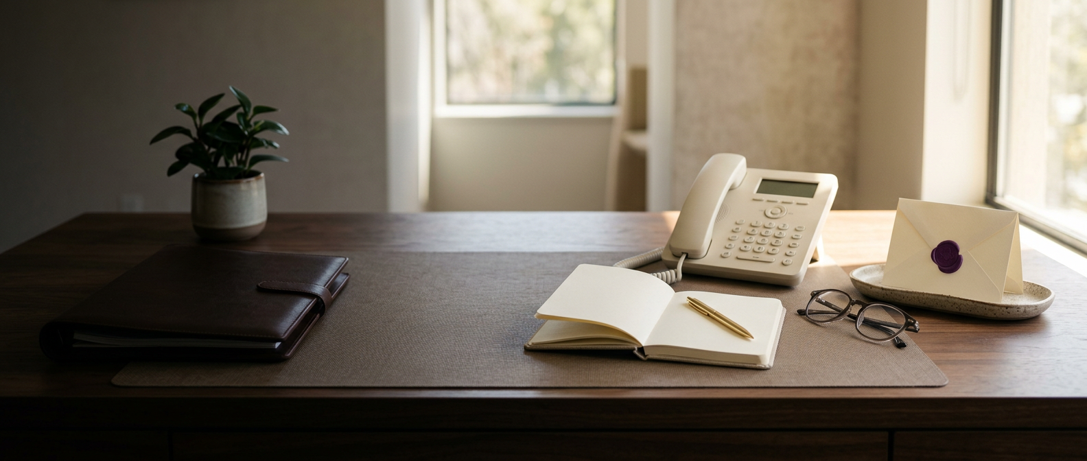 Welcoming coaching desk with cream telephone, open notebook, gold pen, reading glasses and a purple wax-sealed note — contact Finding You Coaching
