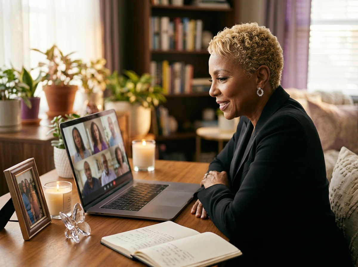 Sharon Terry leading a virtual grief and remembrance session from her home office, with a memorial candle, family photo, and butterfly keepsake beside her laptop.