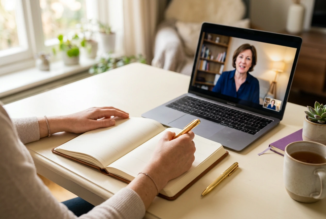 Coach and client reviewing progress and weekly action steps during a virtual accountability session.