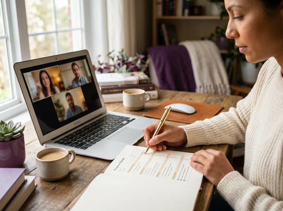 Client checking off completed goals on a progress tracker while joining a virtual coaching review call on a laptop.