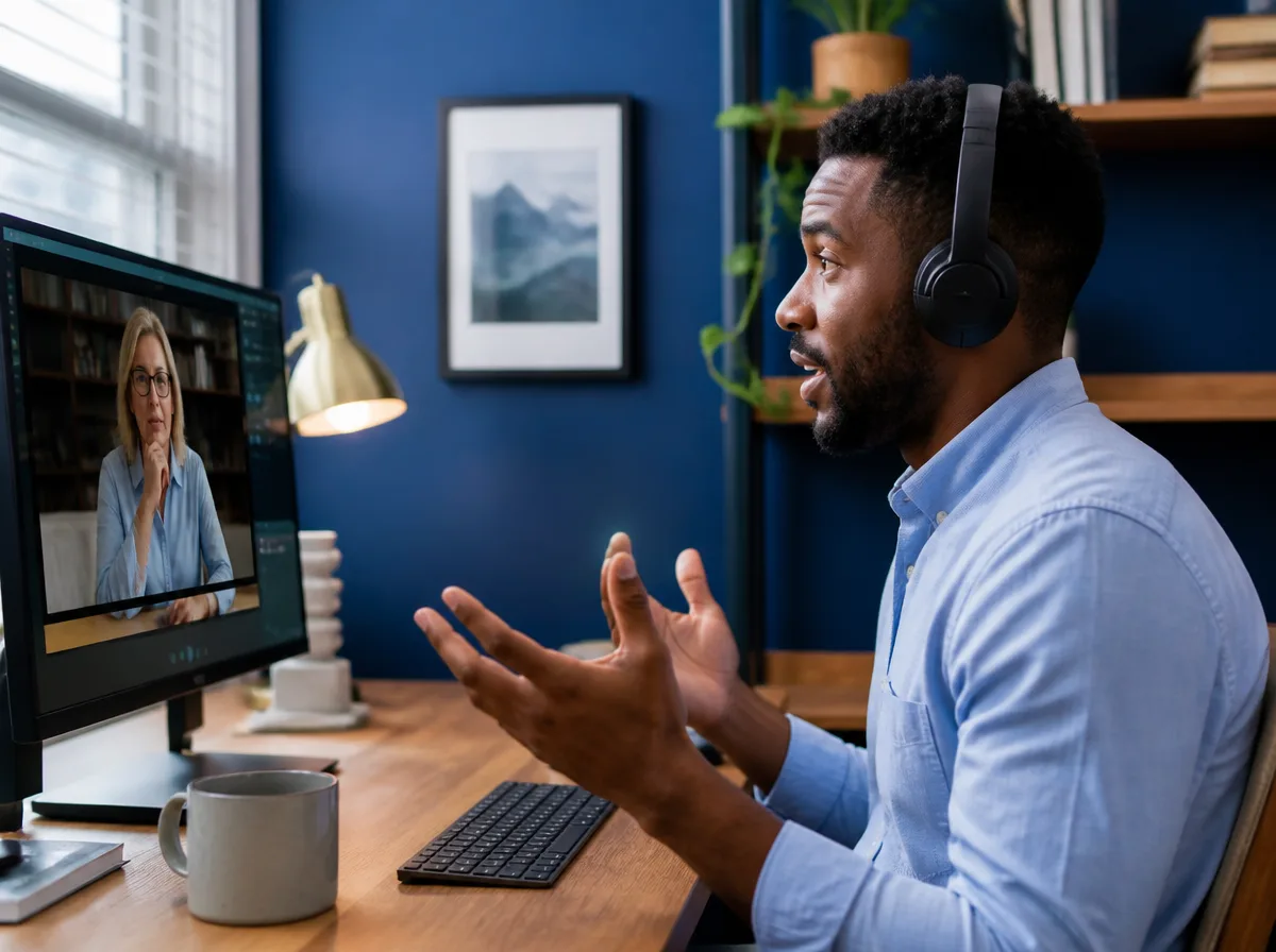 Man wearing headphones speaking expressively on a video call during virtual communication coaching in a home office.