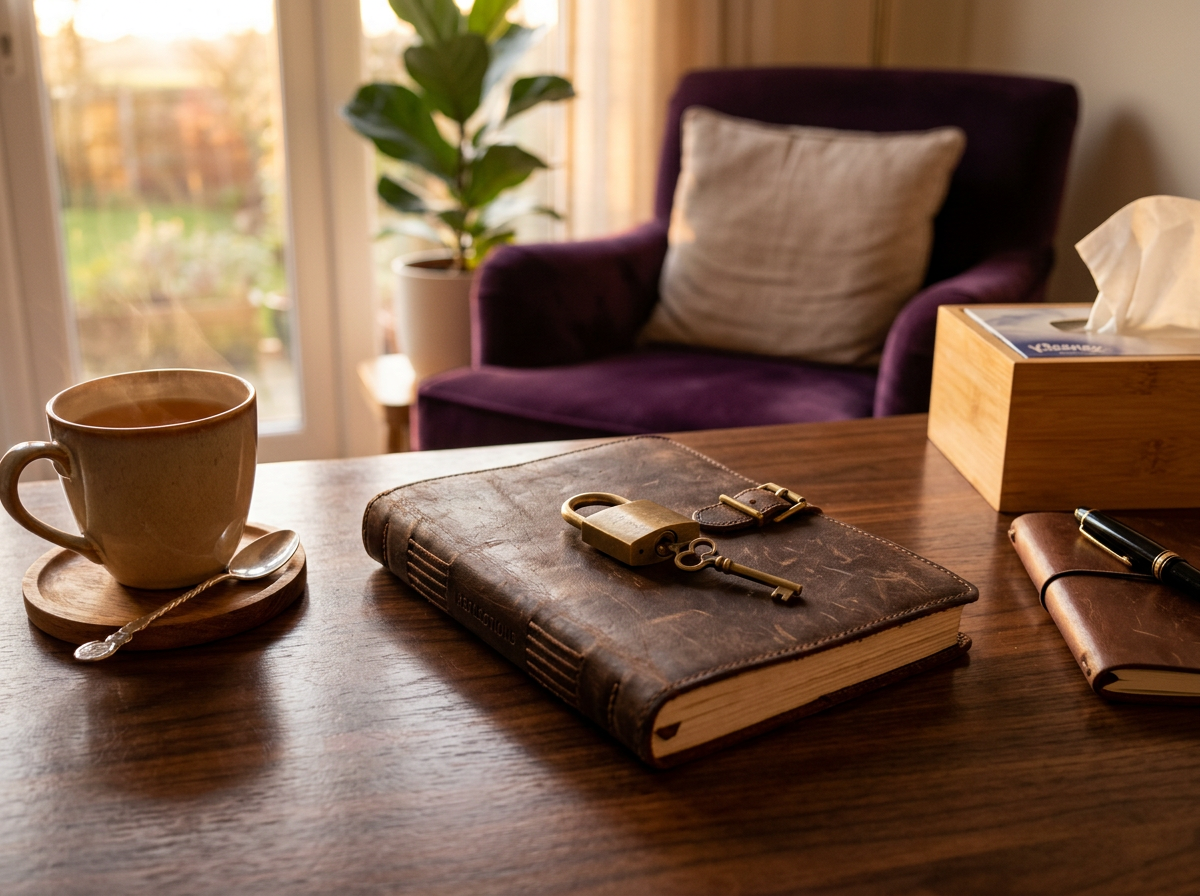 Leather journal secured with a small brass padlock beside a warm cup of tea in a private coaching room.
