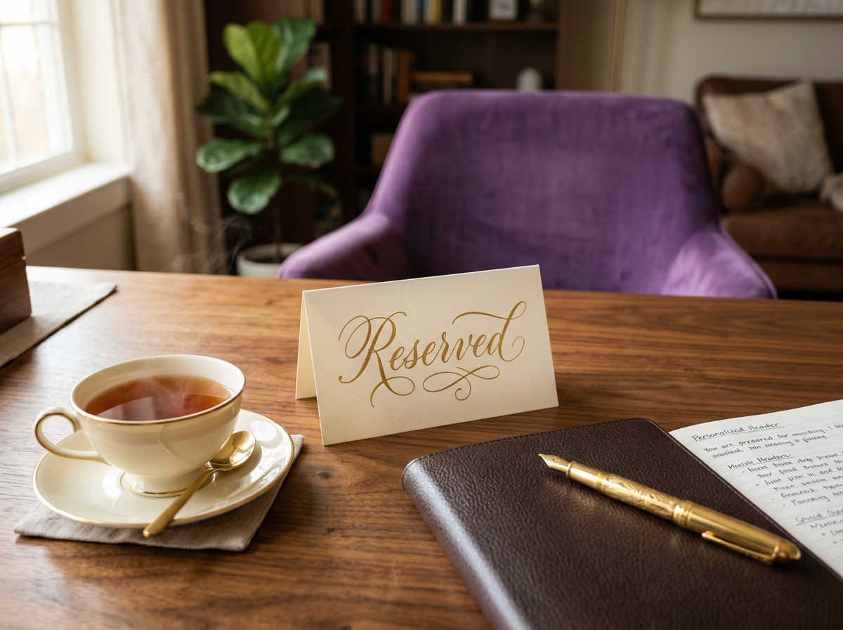 Reserved place card and single teacup set for a one-on-one coaching session with a purple armchair opposite.